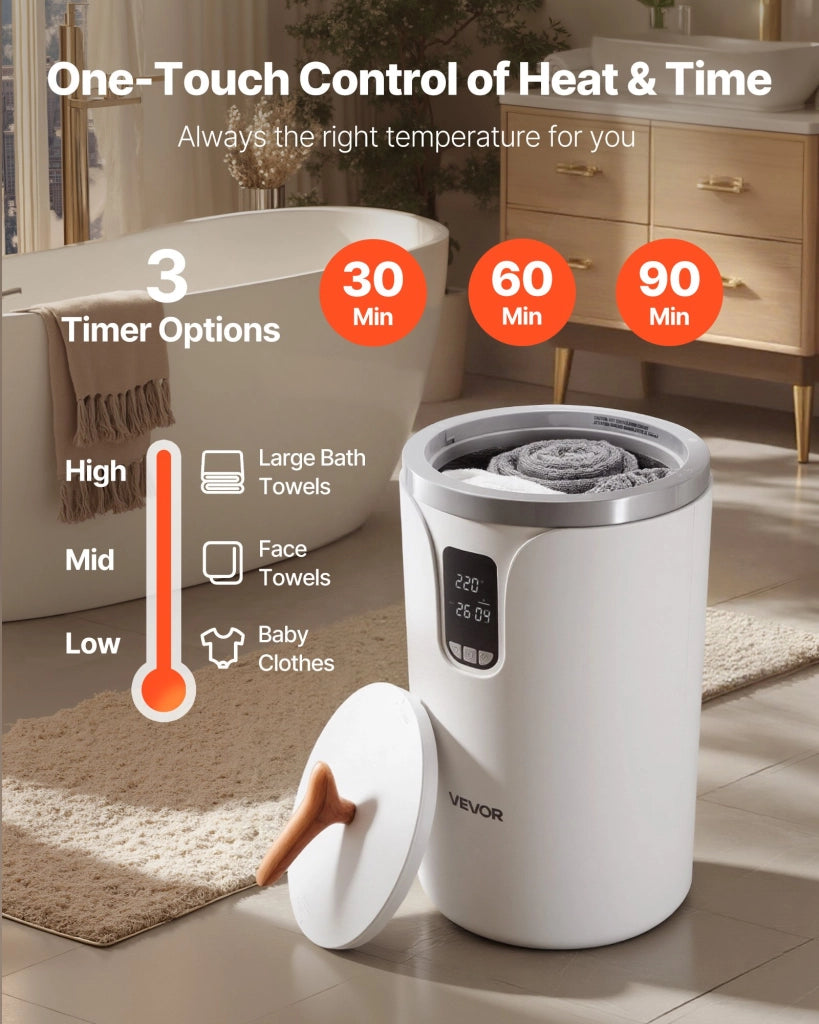 Scaldasalviette Elettrico E1689C da 20L con Schermo LED Timer e Blocco Sicurezza Portatile per Bagno Bianco