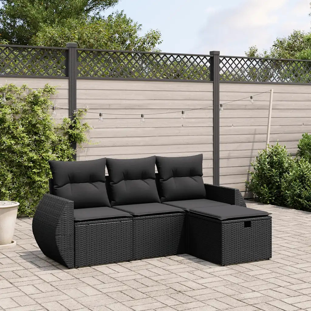 Set Divani da Giardino 4 pz | Set Salotto da Giardino con Cuscini Nero in Polyrattan