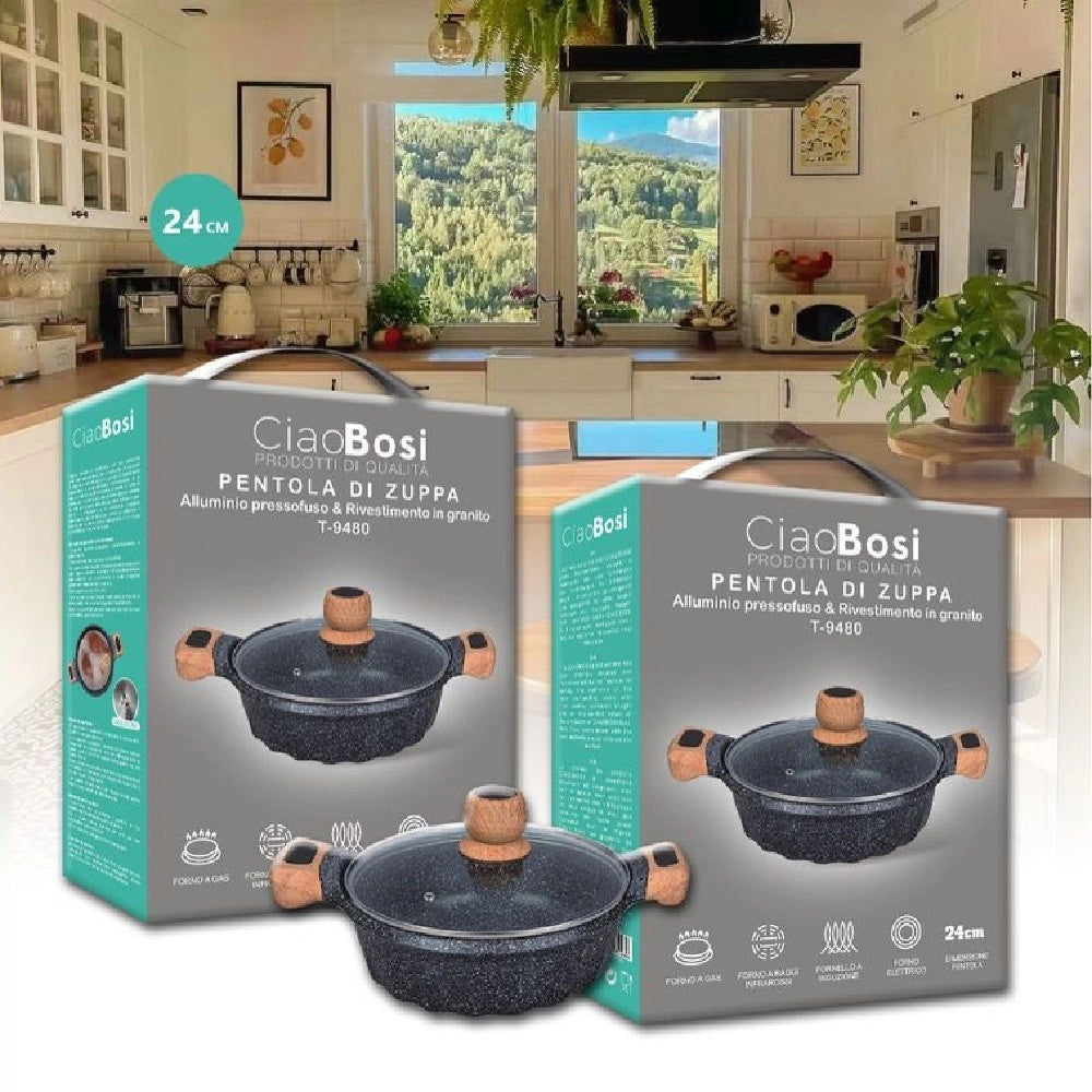 Trade Shop - Pentola Tegame Per Zuppa Rivestito Granito Con Coperchio Fondo Basso 24cm T-9480 -