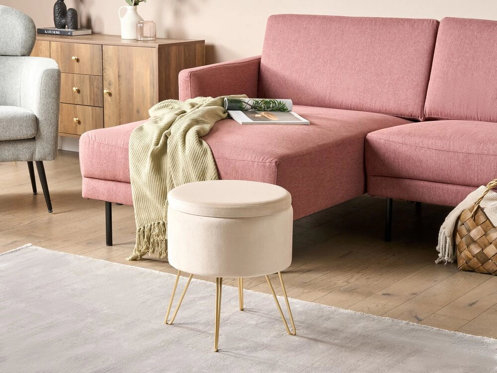 Pouf in velluto beige e gambe in metallo dorato stile glamour moderno accessori