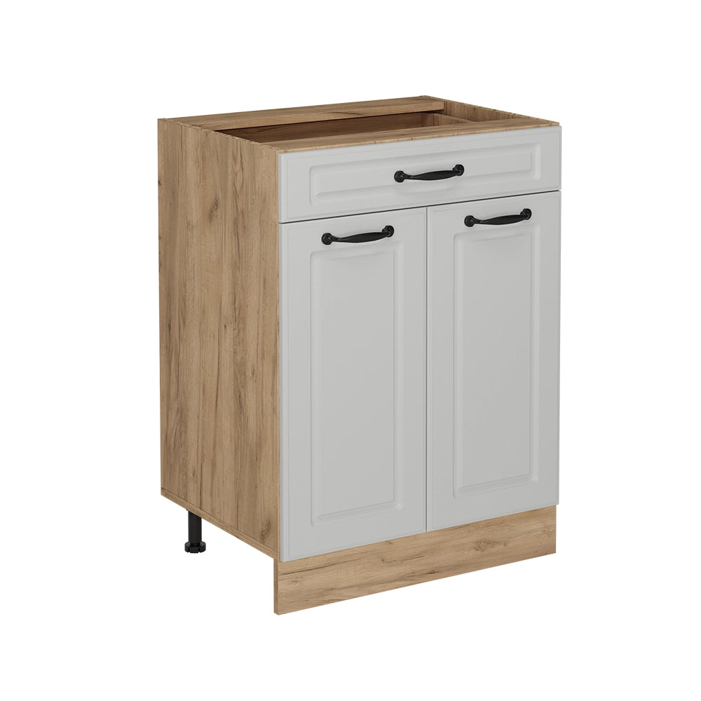 Mobiletto base per cucina R-Line Bianco rustico/Rovere dorato 60 cm con cassetto, senza piano di lavoro Vicco