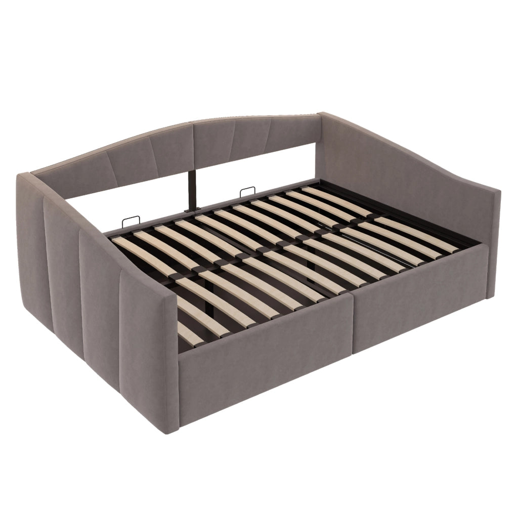 Divano letto imbottito 140x200 cm con contenitore idraulico; rete a doghe; braccioli; velluto grigio