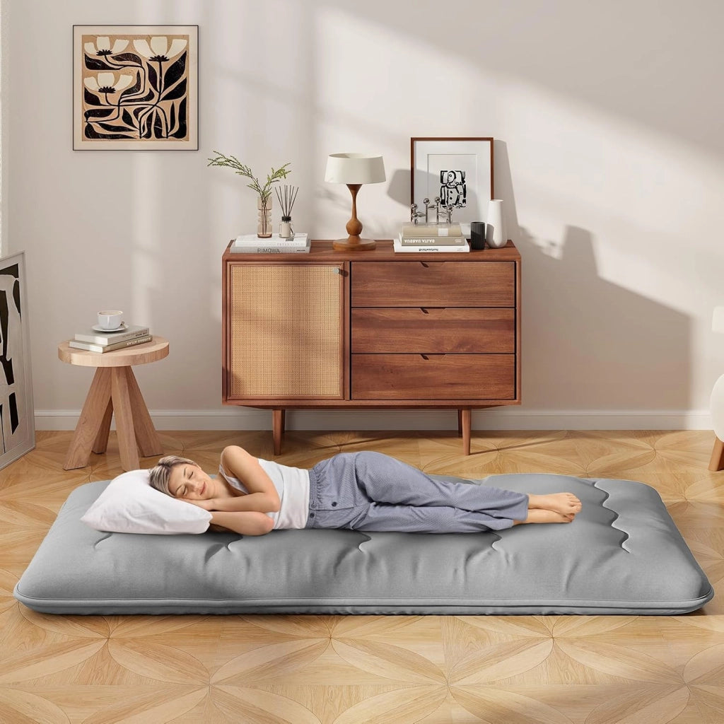 Materasso Futon Pieghevole, Materasso Portatile con Sacca da Trasporto per Camping, Materasso da Terra con Copertura Lavabile (Grigio,200 x 90 cm)