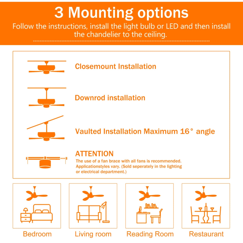 Ventilatore da soffitto 52" con luce LED a 3 tonalità; 3 pale in legno massello; nero e noce scuro