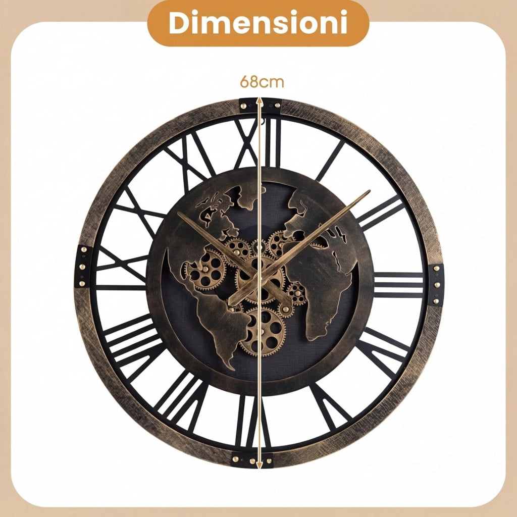 Grande Orologio da Parete 68 cm, Orologio a Ingranaggi con Mappa del Mondo, Orologio in Metallo Decorativo Silenzioso con Ingranaggi Mobili, per Soggiorno Camera da Letto Cucina