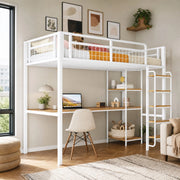 Letto a soppalco in metallo 90x200 cm con scrivania e ripiani; bianco