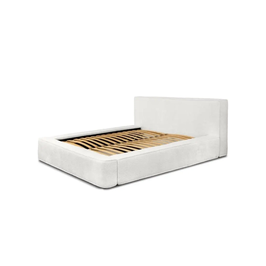 Lit coffre VELORA – Bianco alpino riccio – 180x200 cm – Tessuto velluto morbido – Rete sollevabile – Contenitore integrato