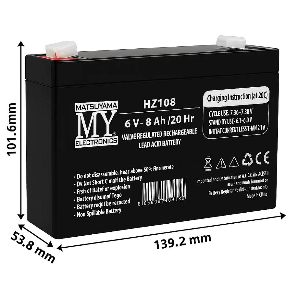 Batteria piombo 6v 8ah agm matsuyama hz108 sigillata faston 4.8mm