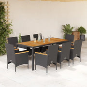 Set Pranzo da Giardino 9 pz con Cuscini Nero Polyrattan Acacia 3278632