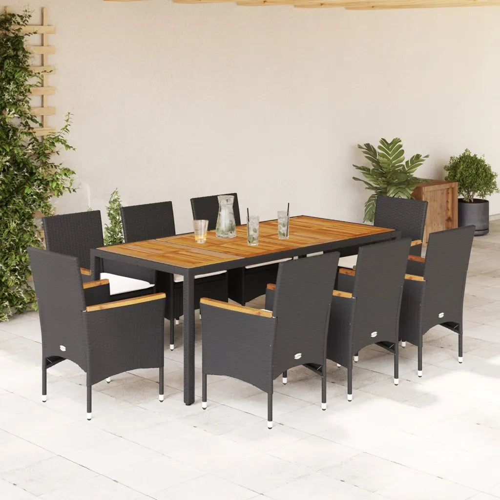 Set Pranzo da Giardino 9 pz con Cuscini Nero Polyrattan Acacia 3278632