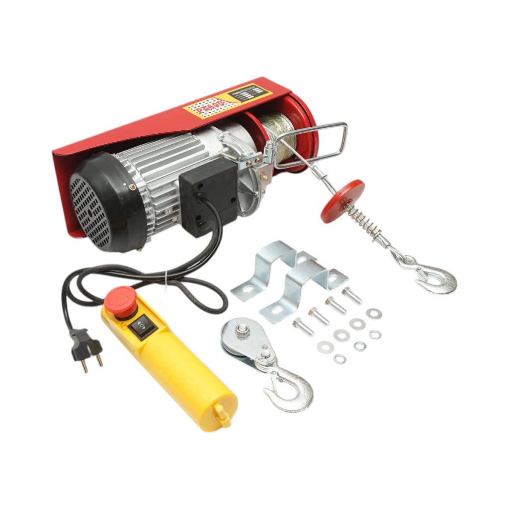 Paranco/gru elettrica 220V/50Hz 1150W, carico massimo 300/600Kg, velocità di sollevamento 5-10m/min, altezza di sollevamento 6-12m IP40