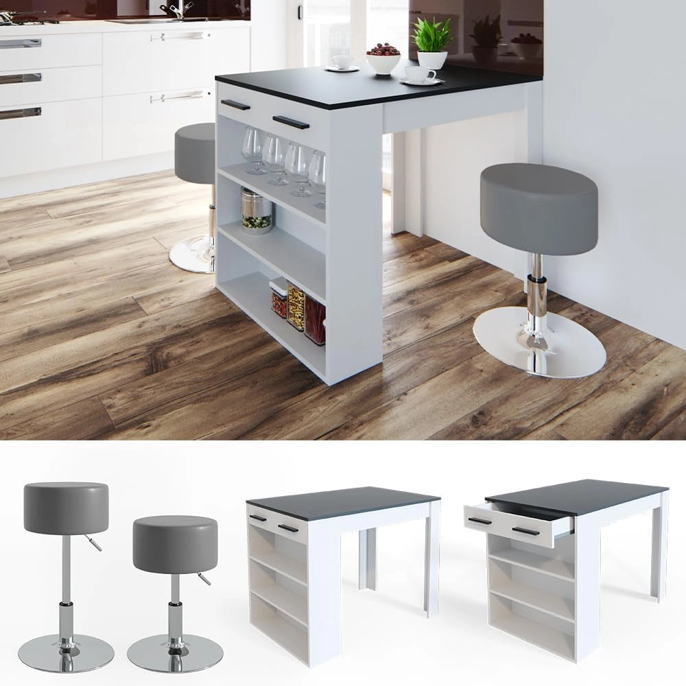 Set di tavoli da pranzo Repose, Antracite/bianco, 67 x 100 cm con 2 sgabelli, adatto come piano di lavoro o area di appoggio aggiuntiva