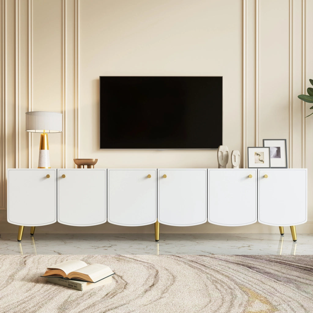 Mobile TV bianco e oro 180 cm con 6 ante e piedi in metallo