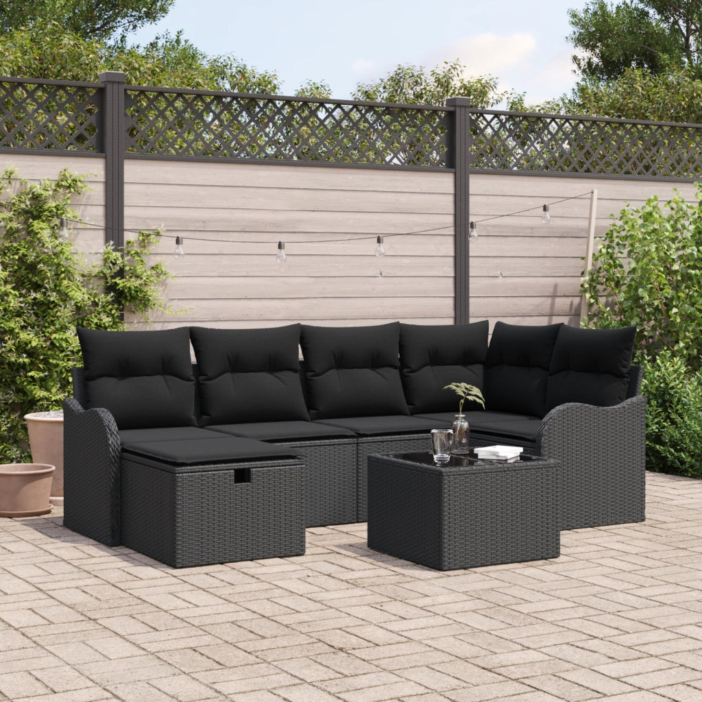 Set Divano Giardino 7 Pezzi con Cuscini Nero Polyrattan