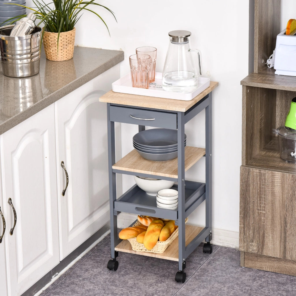 EasyComfort Carrello da Cucina Portavivande con Cassetto, 2 Ripiani e Vassoio Estraibile, 37x37x76cm, Grigio
