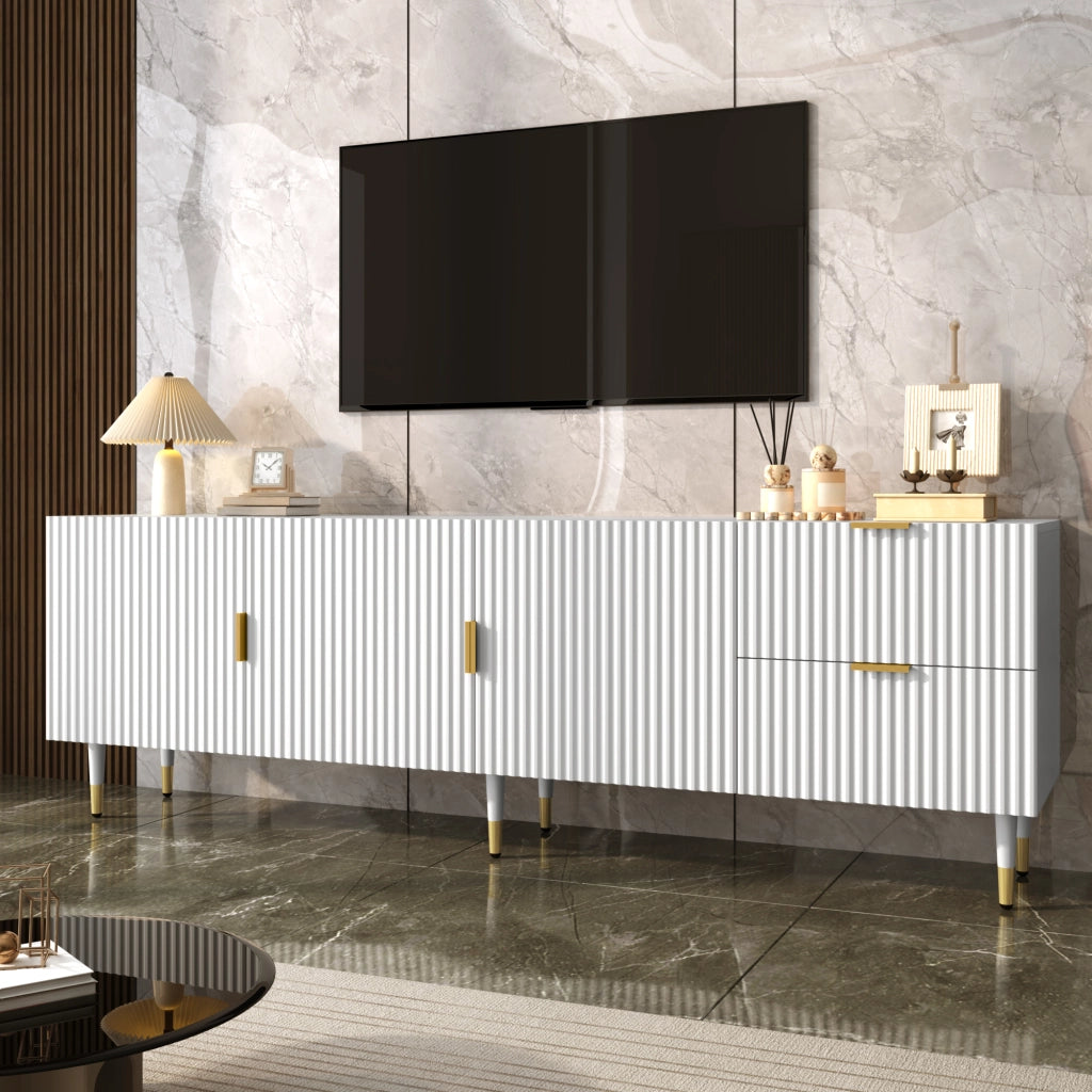 Mobile Porta TV Bianco 170 cm con 3 Ante e Cassetti; Gambe Dorate; MDF