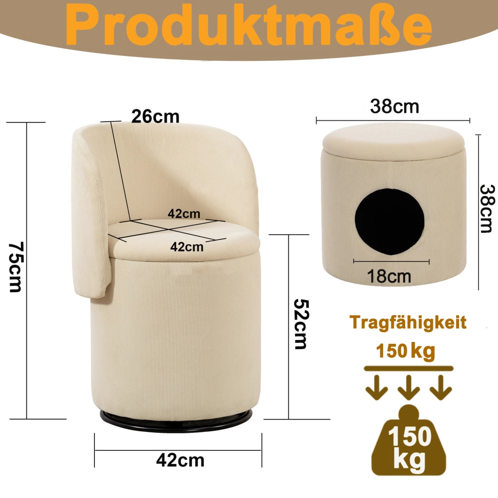 SGABELLO Girevole Contenitore 53x50x47 cm Velluto a coste Beige