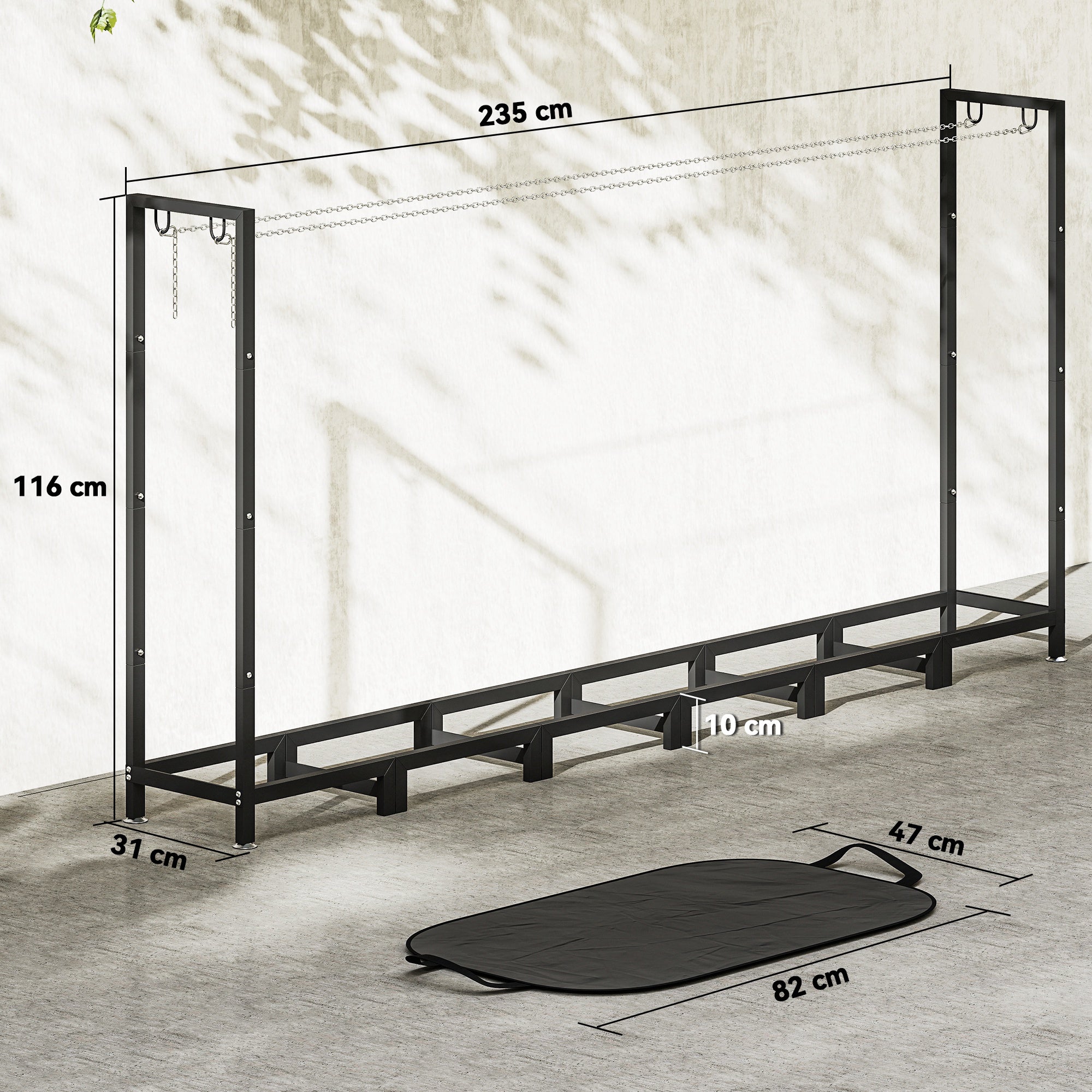 Legnaia Regolabile 235x31x116 cm con Telo Impermeabile e Catene in Acciaio Nero