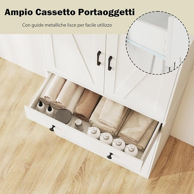 Credenza Alta da Cucina, Mobile Dispensa in Legno con 3 Ripiani Regolabili, 1 Cassette e 4 Ante, Armadio Moderno per Cucina, Soggiorno, Sala da Pranzo, 77 x 39 x 183 cm, Portata 140 kg