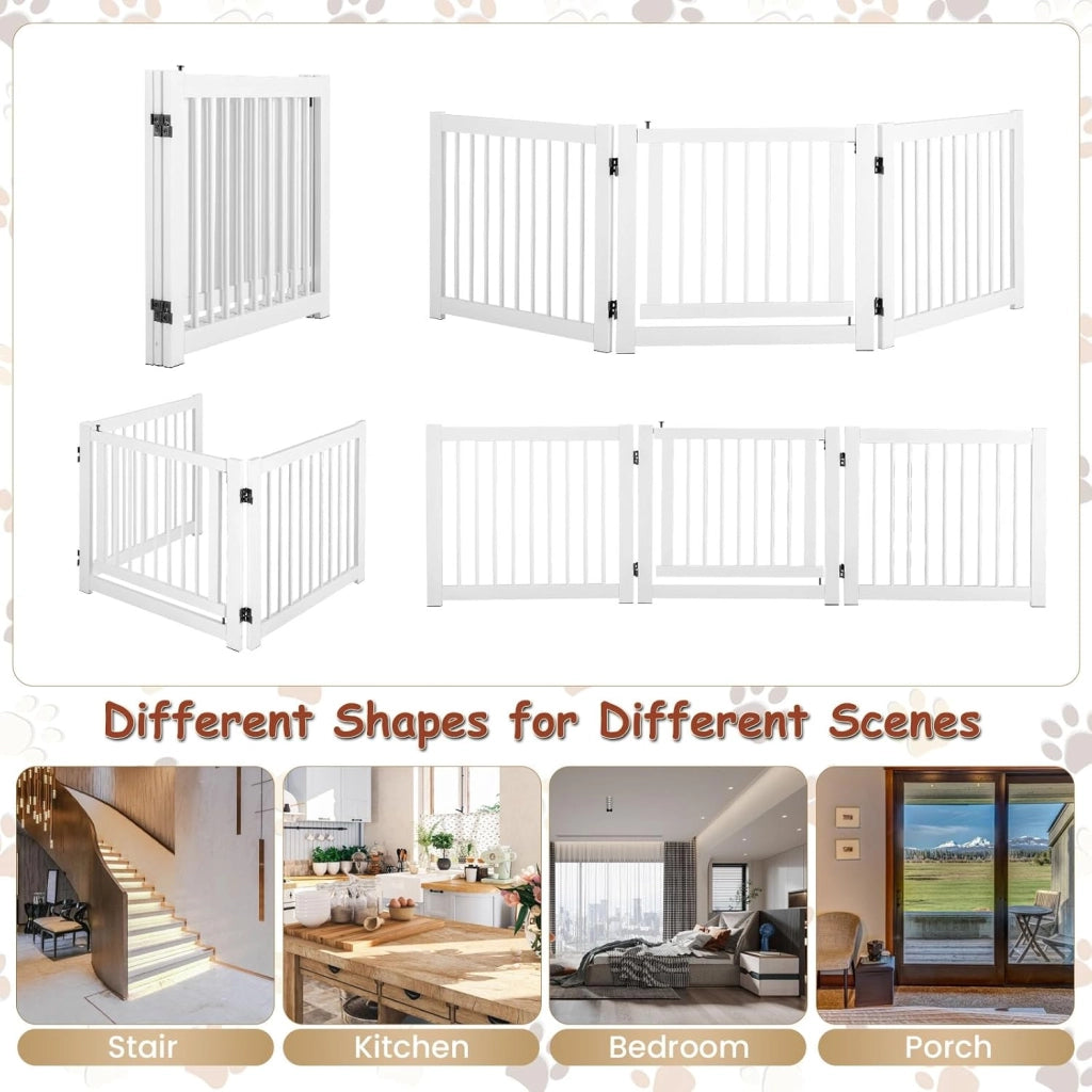 Cancelletto per Cani Pieghevoli 210 x 61 cm, Barriera per Cani in Legno a 3 Pannelli con Porta a Serratura, Recinzione per Scale, Ingressi e Corridoi (Bianco)