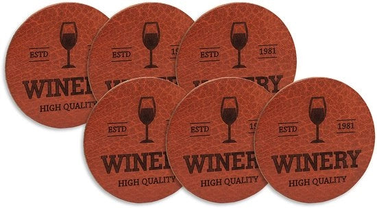 C4B - Onderzetters in forma di cerchio in pelle intera Ø 10 cm - Set di sostegni per bicchieri - Sostegni in pelle 100% - Sostegni per bicchieri rimovibili - Prodotto realizzato nell'UE - 6 pezzi (rosso vino/bruno)