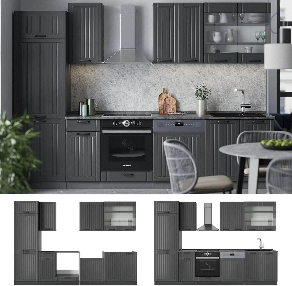 Cucina componibile Fame-Line, Grigio scuro, 300 cm senza piano di lavoro