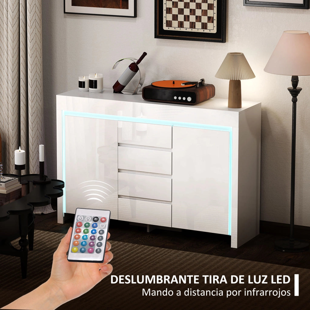 Mobile TV con Luci LED ¨C Xylo ¨C 4 Cassetti Chiusura Soft, Ripiani Regolabili, Telecomando, 120x34x80cm Bianco Lucido