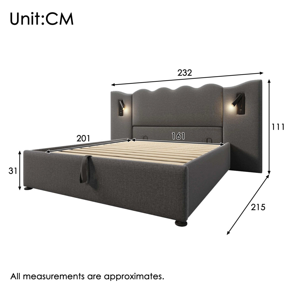 Letto matrimoniale 160x200 cm in lino grigio con lampada da lettura; ricarica USB e contenitore