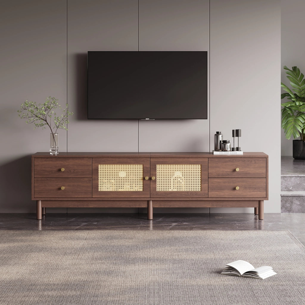 Mobile TV 180 cm - Zephmum - Finitura legno scuro, due ante in rattan, quattro cassetti, gestione cavi