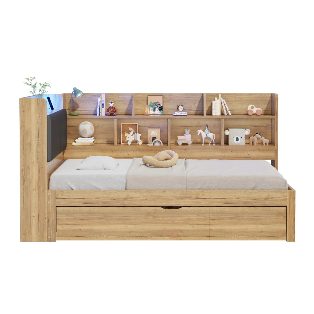Letto Contenitore Singolo con LED e Letto Estraibile ¨C MINIMAL ¨C Legno Naturale 90x200