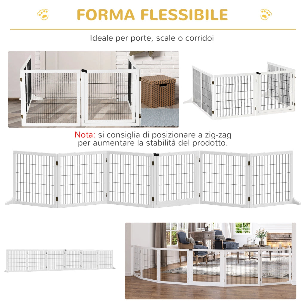 Cancelletto per Cani 6 Pannelli Pieghevoli ¨C Minimal ¨C Legno Acciaio 432x36x70 cm Bianco