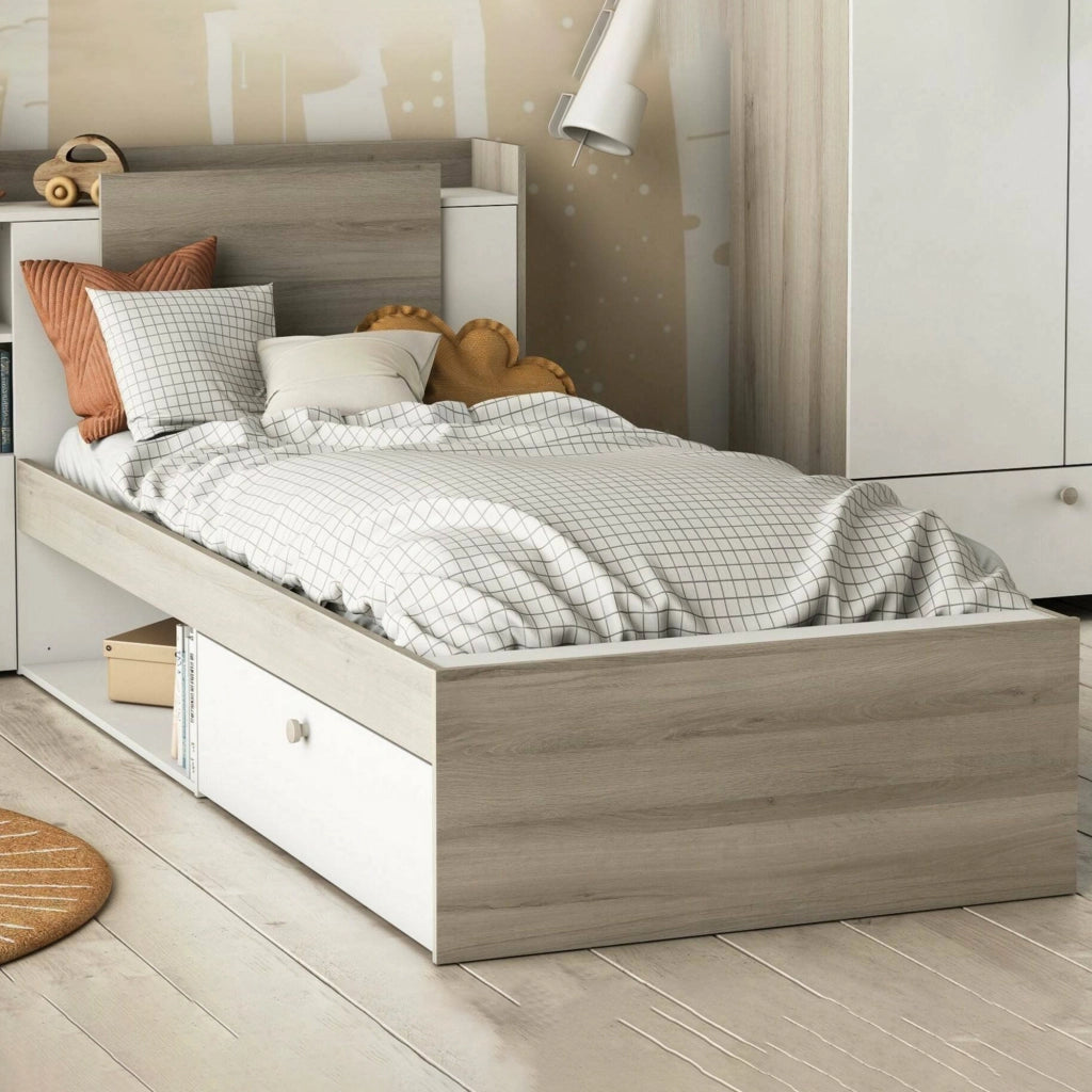 Letto singolo Wali, Sommier per camera da letto, Giroletto per stanza, Struttura porta materasso, 200x120 h 91 cm, Rovere e Bianco opaco