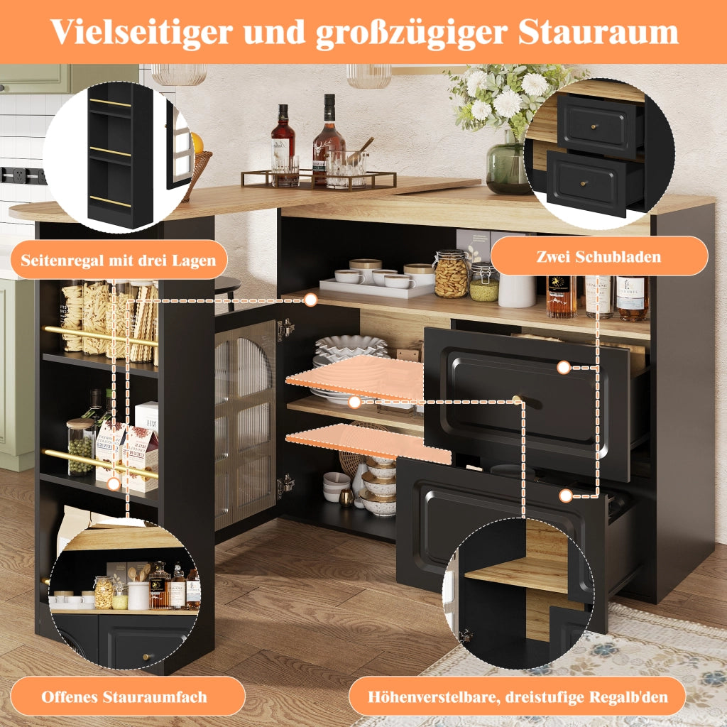 CREDENZA girevole 360° 138-204x39x104 cm MDF nero 2 cassetti