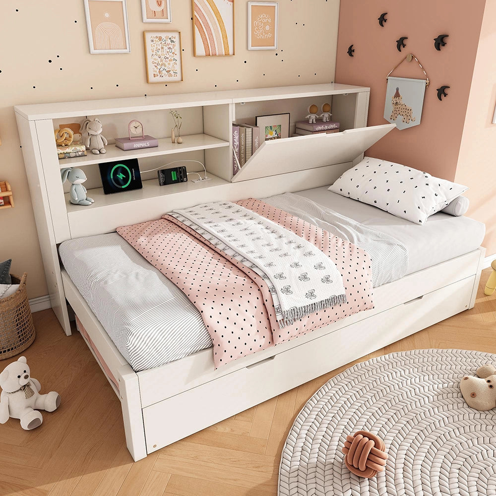 Letto singolo con divano letto - Xylo - 90¡Á200 cm - Bianco - Con ripostiglio, ricarica USB/USB-C, senza materasso