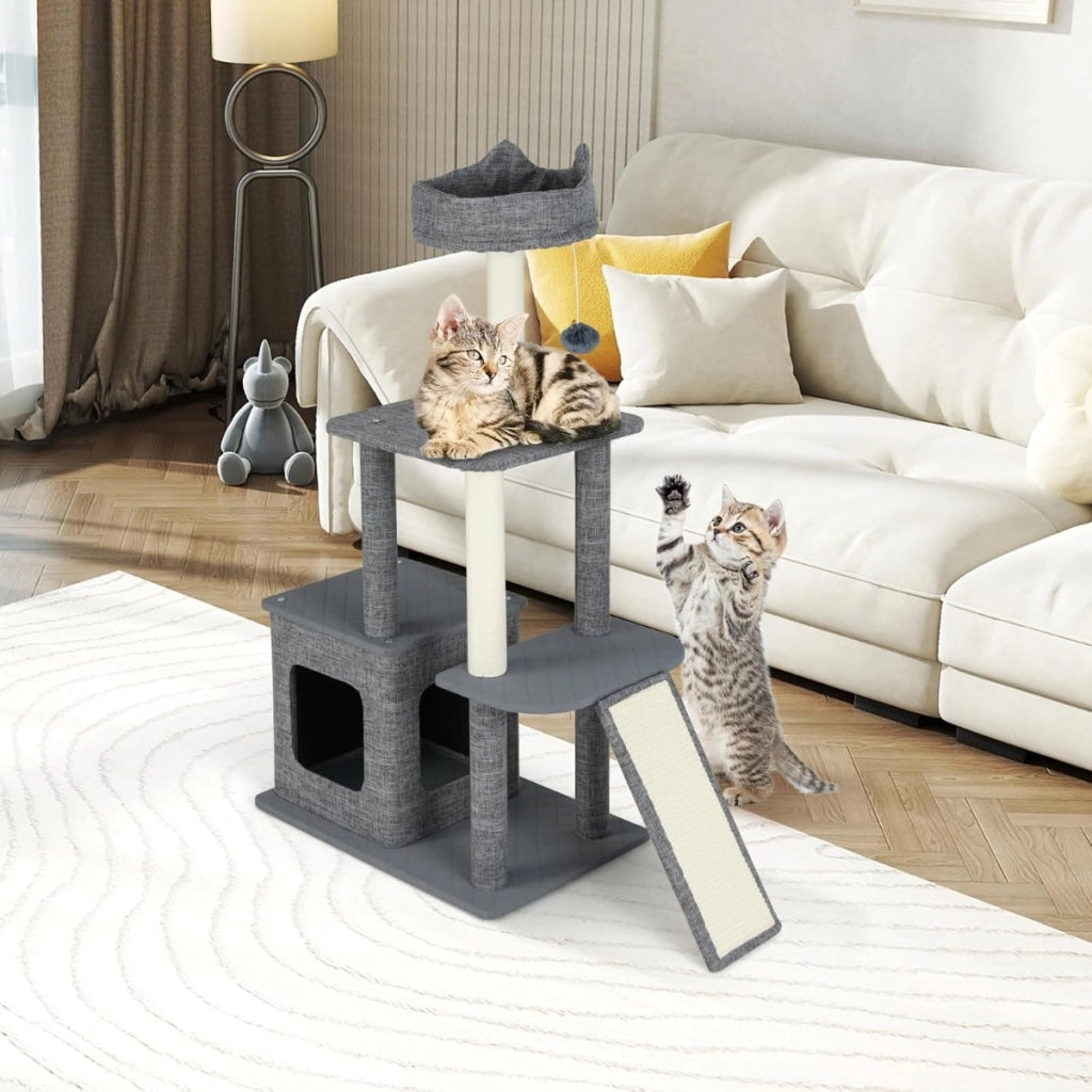 Albero per gatti interno 117 cm torre con tiragraffi in sisal e condominio, Mobili con giochi appesi e piattaforma versatili-Alberi Tiragraffi