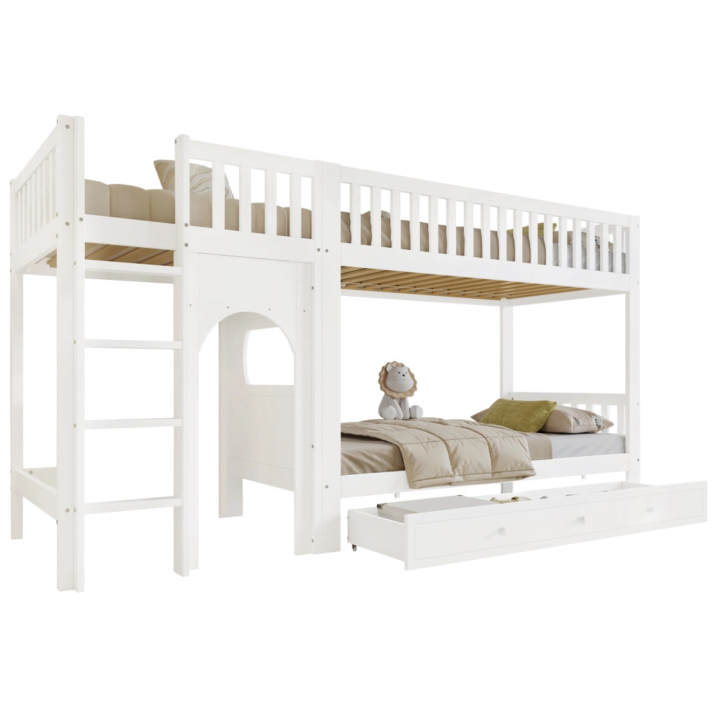 LETTO a castello 90x200 cm in legno massello e MDF bianco e naturale