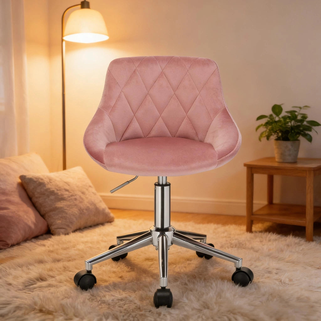 Sedia da Ufficio Girevole Regolabile in Altezza con Ruote e Schienale, in Velluto Rosa 69.5–77 cm