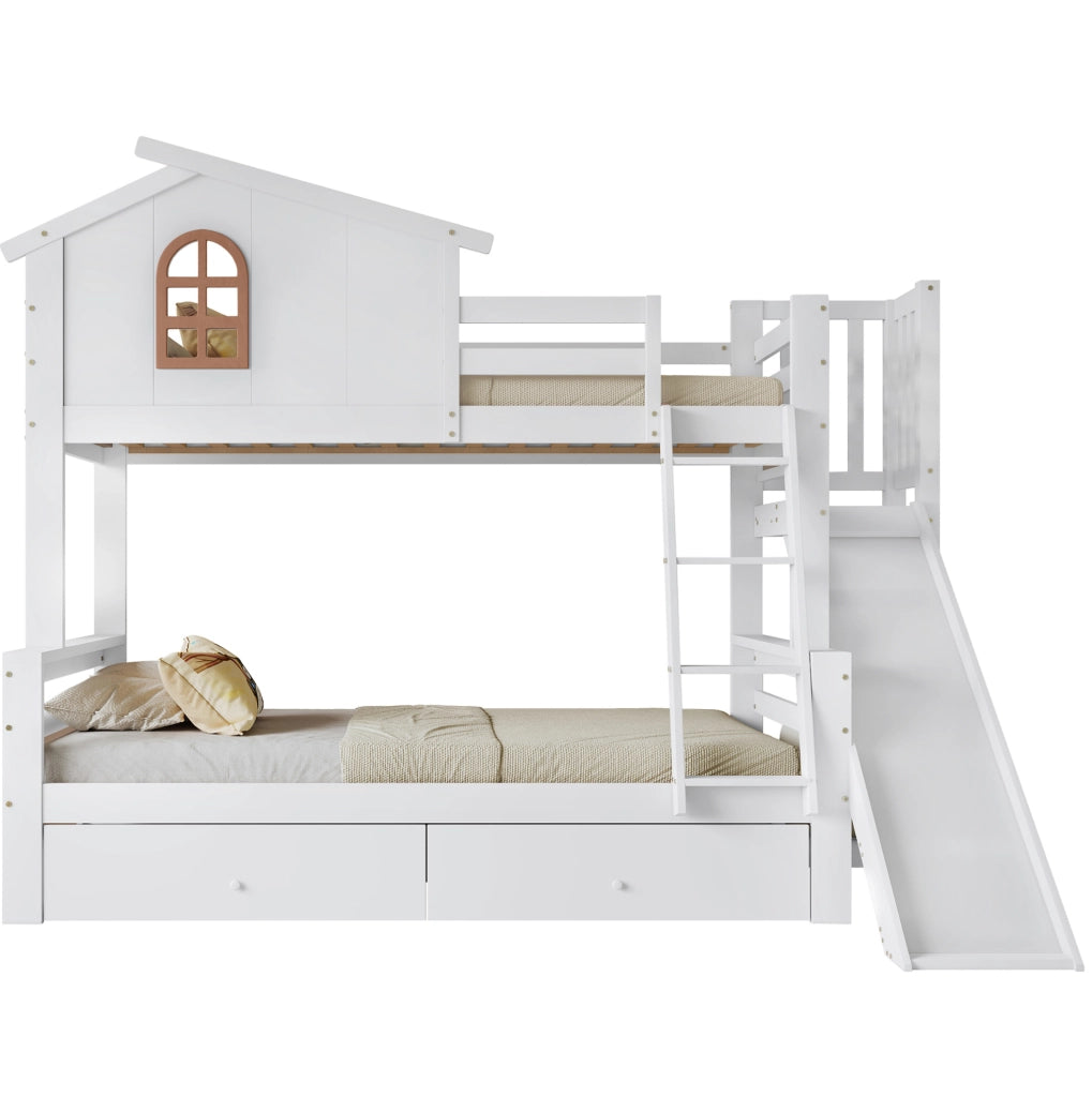 Letto a castello con scivolo, scala e cassetti, bianco