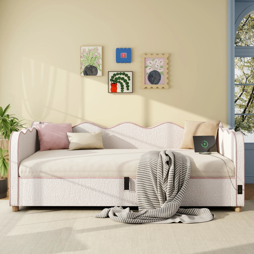 Letto 90x200 cm con contenitore idraulico; USB C; bouclé beige