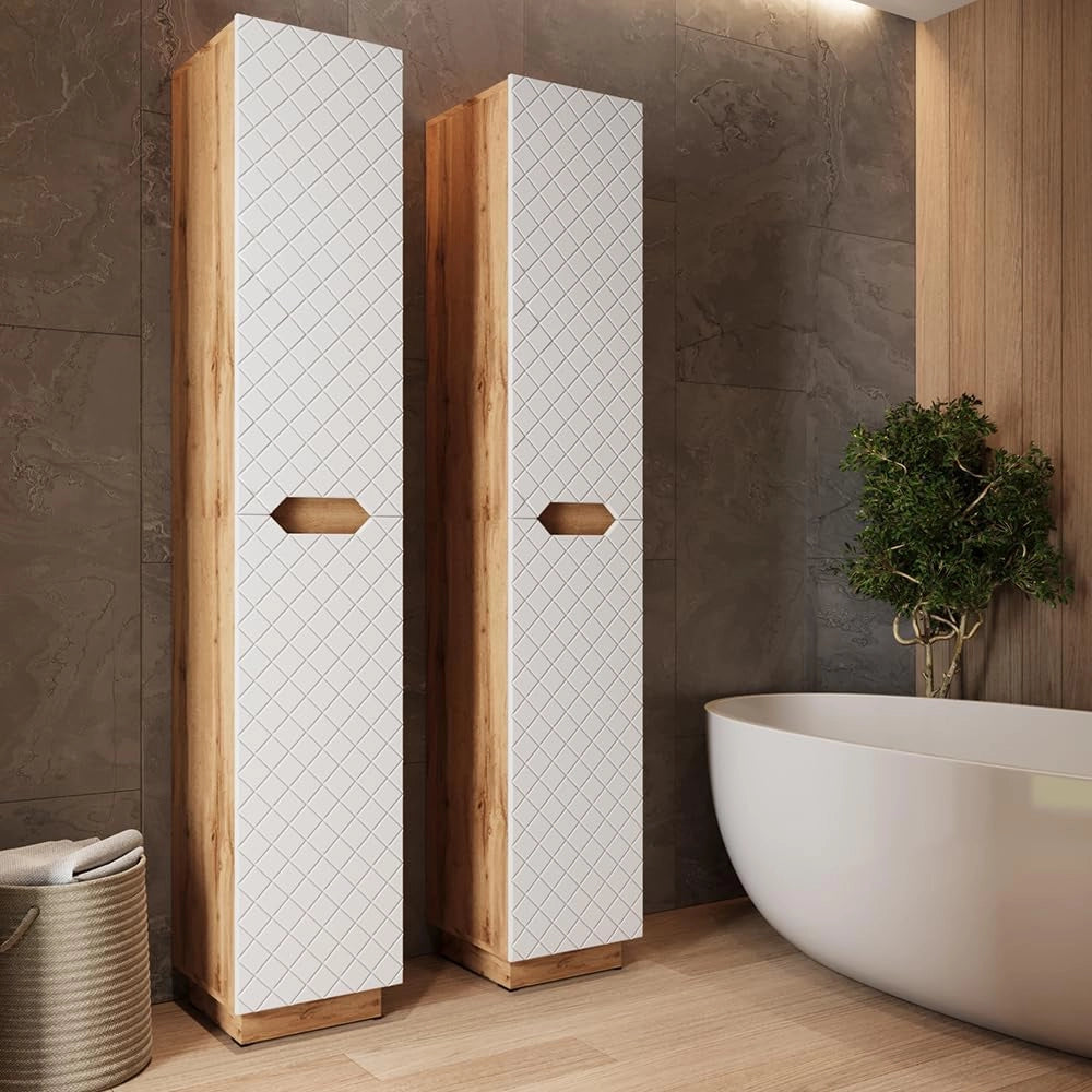 Armadio per il bagno Lotta, Bianco, 33 x 186 cm con 2 porte, per la conservazione di accessori da bagno e prodotti per la cura