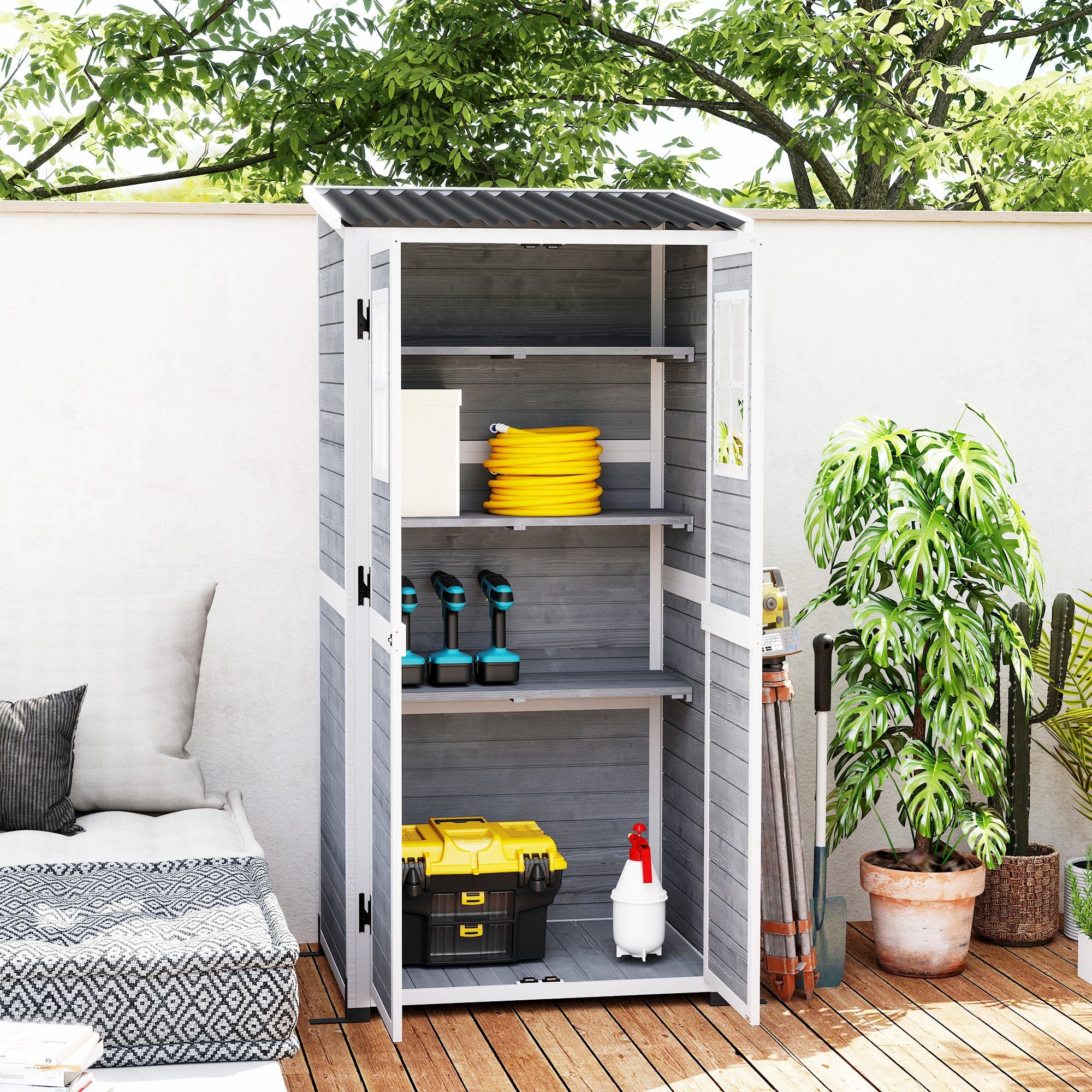 Armadio Porta Attrezzi da Esterno 91x69x185-192H cm Tetto inclinato in Plastica in Legno Grigio