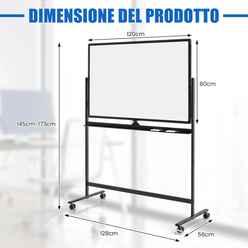 Lavagna Bianca Mobile 120 x 80 cm, Lavagna a Doppia Faccia Magnetica Cancellabile a Secco con Cavalletto e Ruote, Altezza Regolabile 2 Livelli, Accessori Completi (Nero)