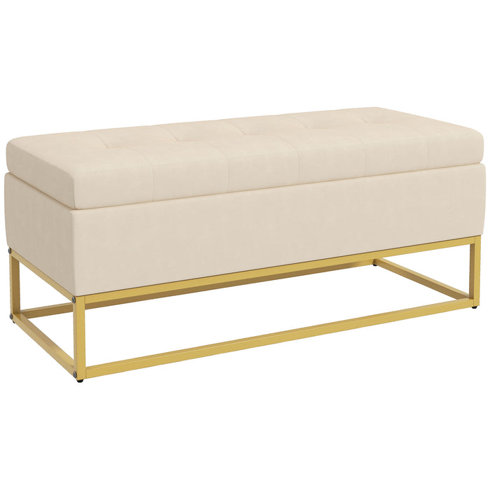 Panca Contenitore Rettangolare 110x44x49 cm con Seduta Imbottita e Gambe in Acciaio Beige
