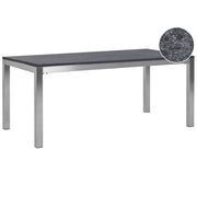 Tavolo da pranzo da giardino Piano in granito grigio e argento Gambe in acciaio inox esterne 6 posti 180 x 90 x 74 cm
