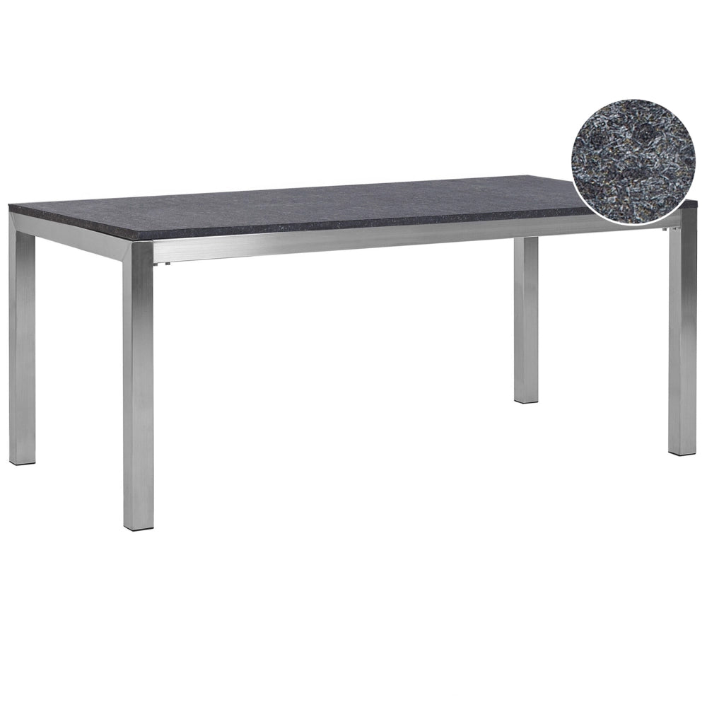 Tavolo da pranzo da giardino Piano in granito grigio e argento Gambe in acciaio inox esterne 6 posti 180 x 90 x 74 cm