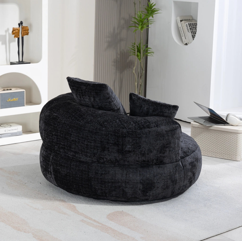 Poltrona sacco 108x108x52 cm con schienale avvolgente e braccioli in chenille nero
