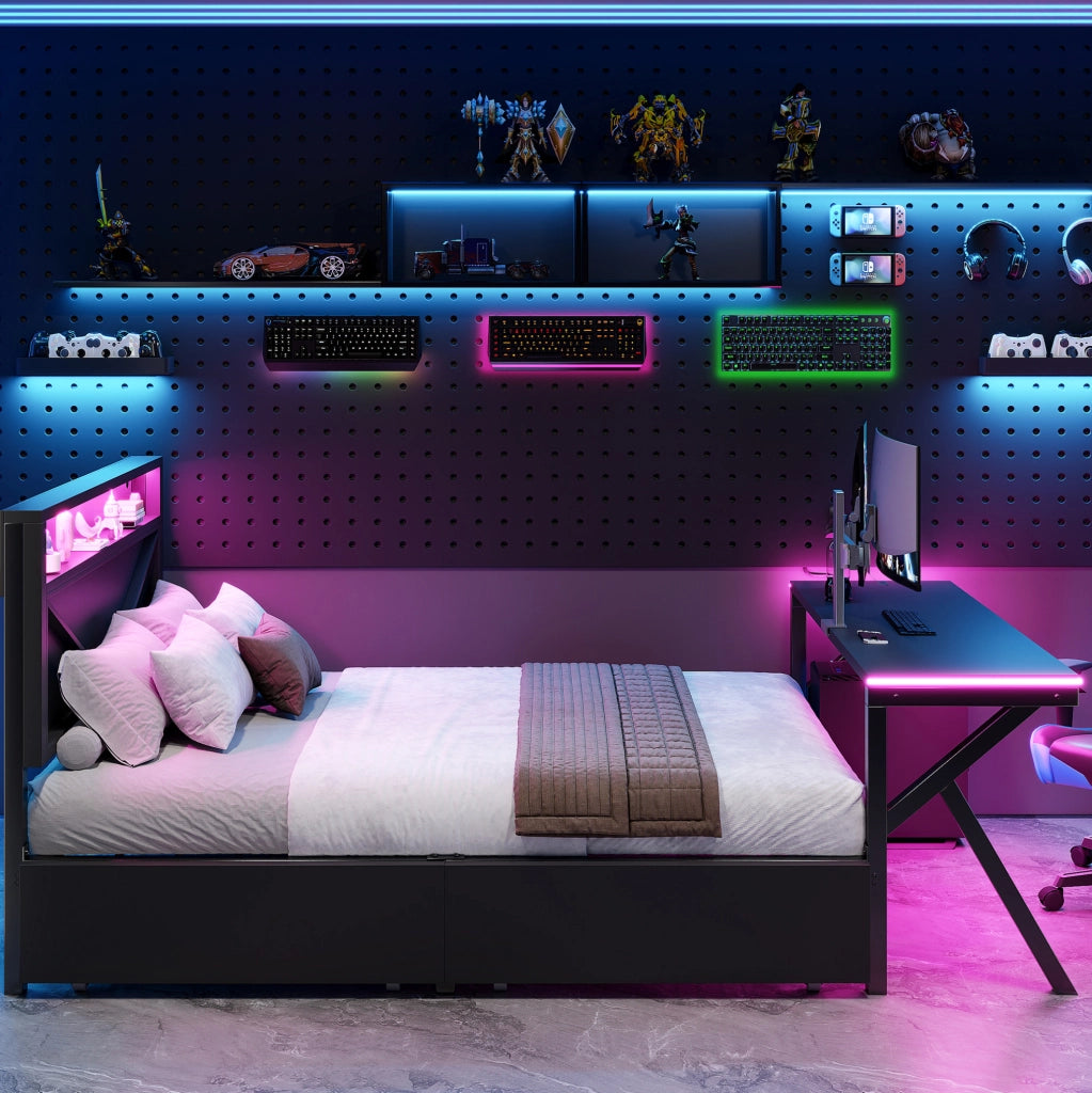 Letto gaming a piattaforma 140x200 cm con testiera LED; scrivania LED e 2 cassetti; nero