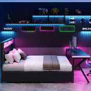 Letto gaming a piattaforma 140x200 cm con testiera LED; scrivania LED e 2 cassetti; nero