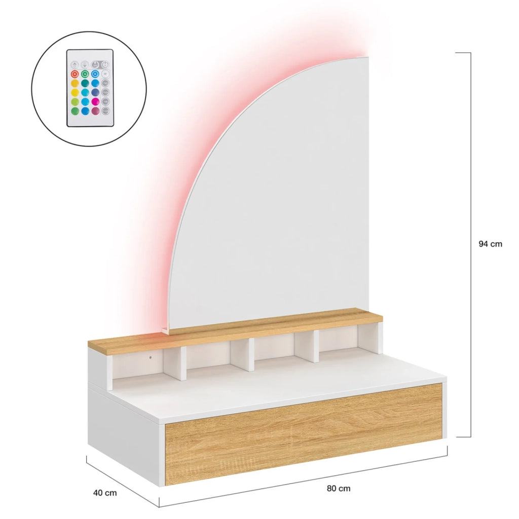 IDMarket - ZELIA, tavolo da toilette sospeso con specchio LED, 4 nicchie, 1 cassetto, legno e bianco