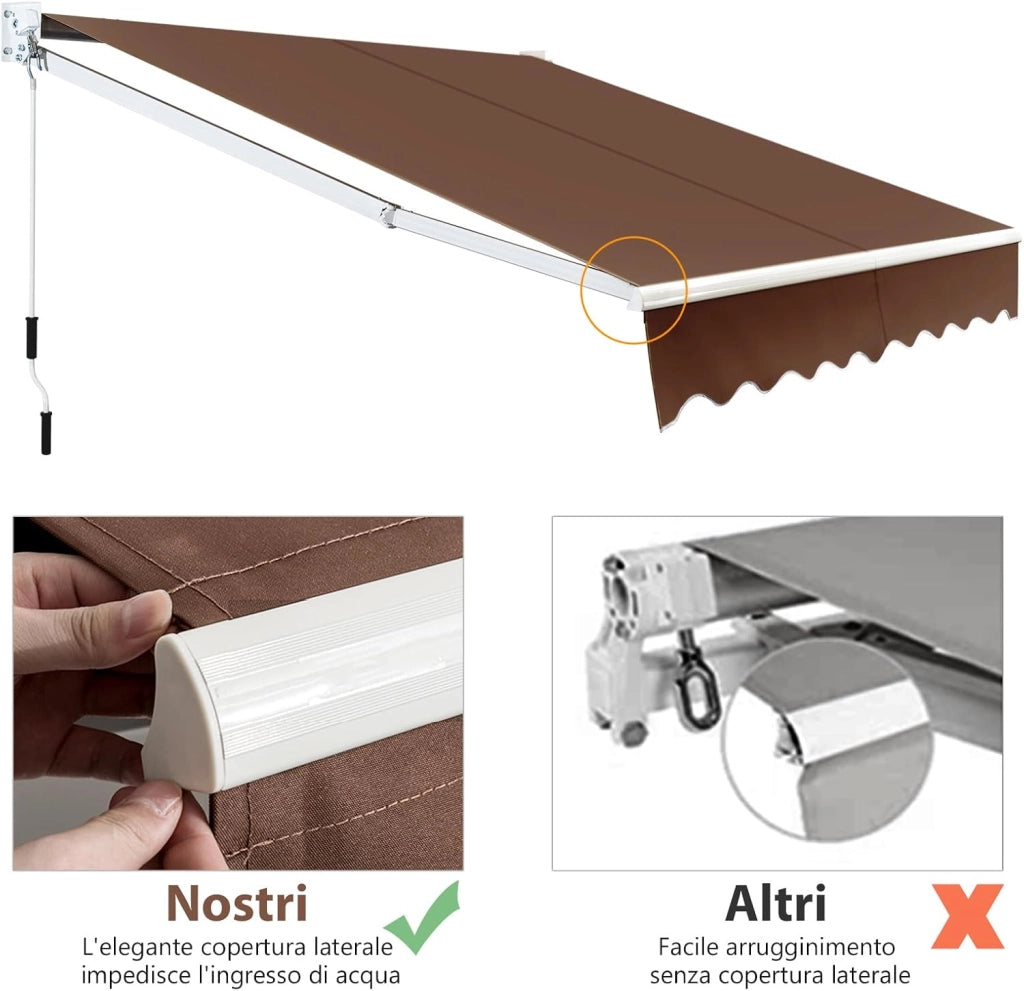 Tenda da Sole per Esterno Avvolgibile, Tenda da Sole a Bracci Estensibili con Telaio in Alluminio e Tettuccio Resistente al Sole e Impermeabile e Manovella (245 x 200 cm,Marrone)
